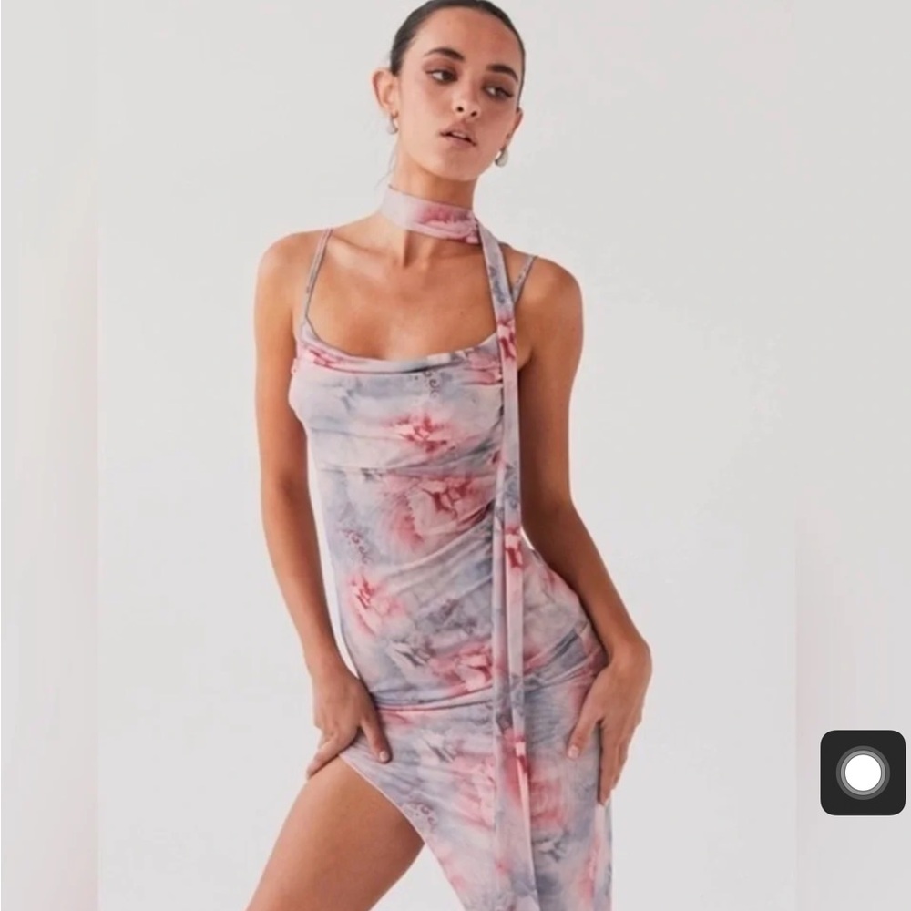 Peppermayo cute asymmetrical floral mesh midi dress with neck tie NWT - Picture 2 of 5